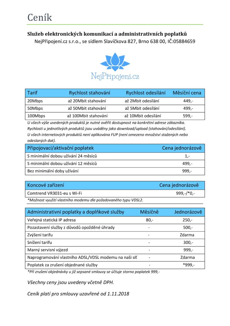 Ceník xDSL připojení k internetu.