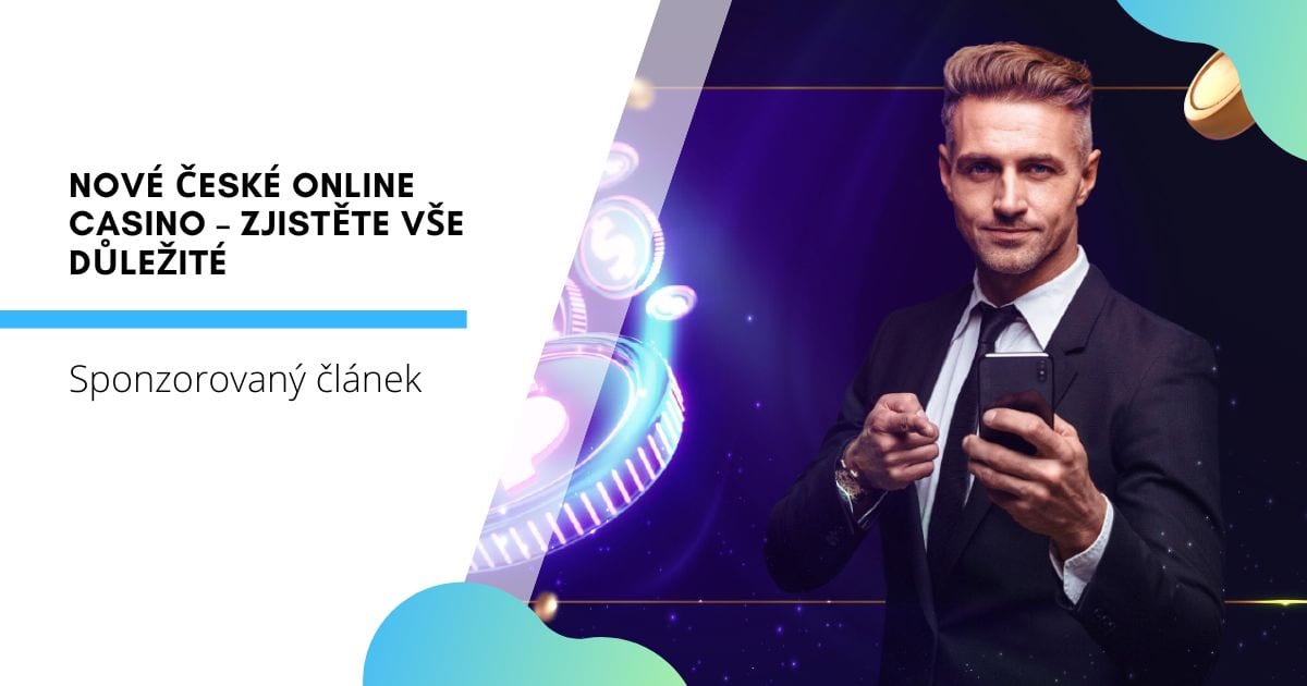 Muž v obleku ukazuje na svůj chytrý telefon, zatímco kolem něj víří neonové kostky a dolarové mince.